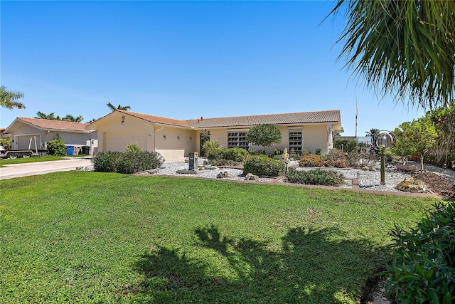 ranch-style home with a front yard, stucco siding, a tile roof, and an attached garage