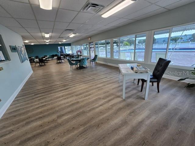 interior space with a drop ceiling, dark hardwood / wood-style floors, and a healthy amount of sunlight