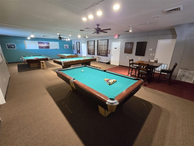 playroom featuring pool table, carpet floors, track lighting, and ceiling fan