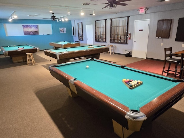 playroom with ceiling fan, carpet flooring, and pool table