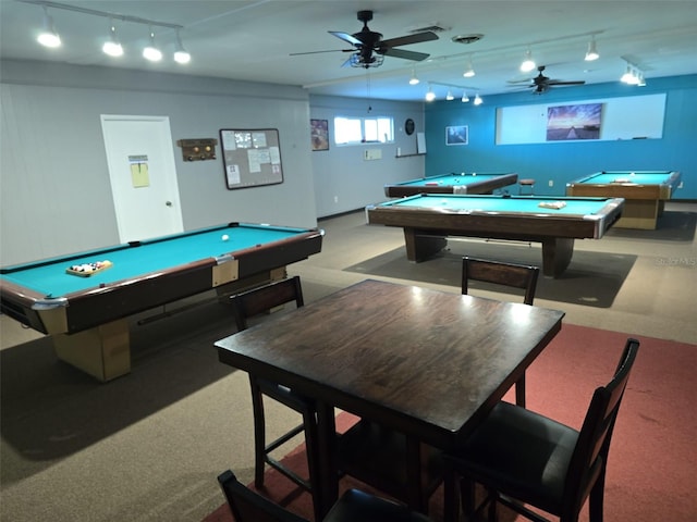 recreation room with light colored carpet and billiards