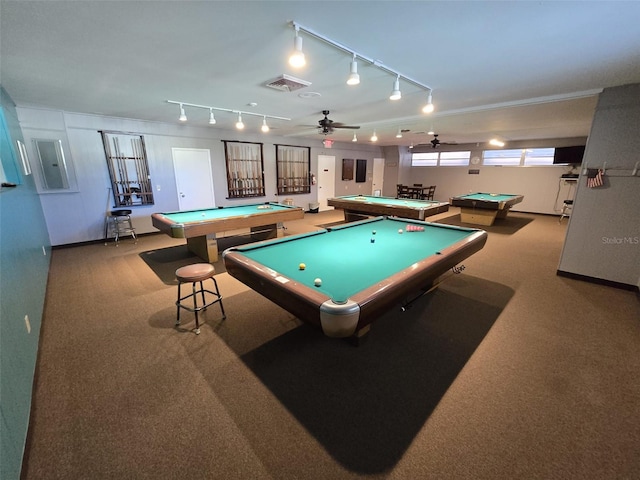 rec room featuring carpet, track lighting, pool table, and ceiling fan