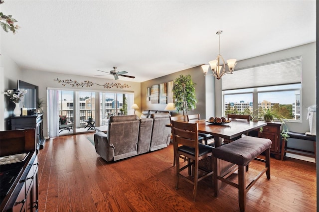 dining room featuring ceiling fan with notable chandelier and hardwood / wood-style flooring