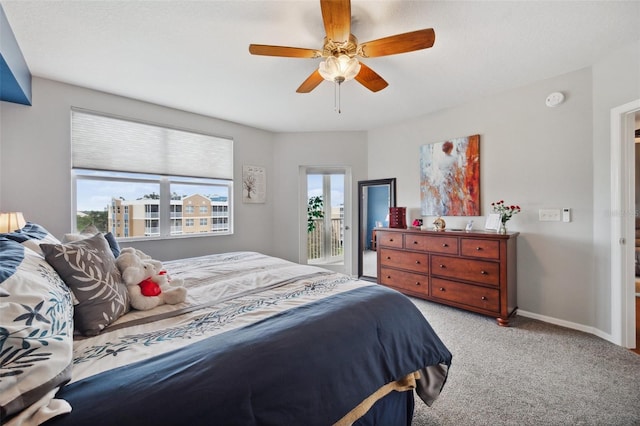 carpeted bedroom featuring ceiling fan and access to exterior