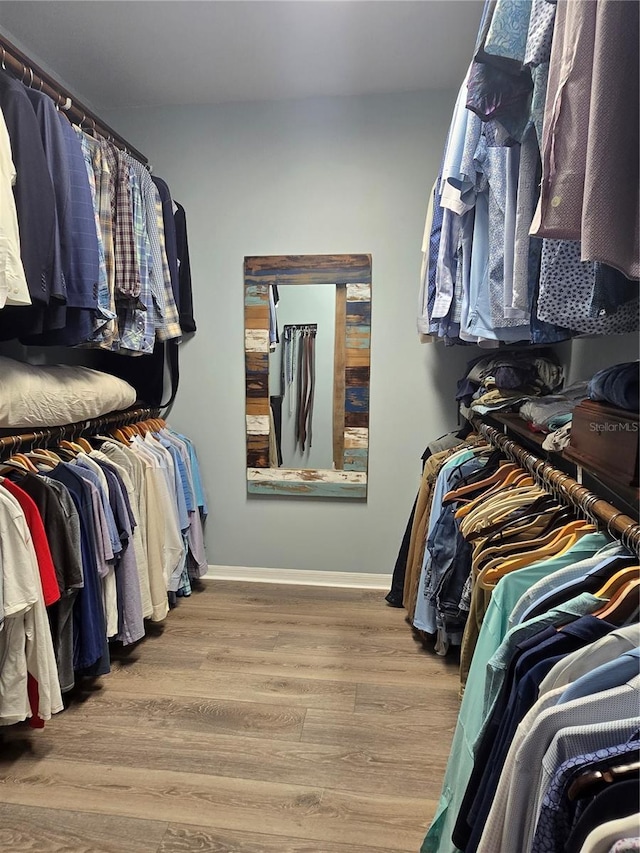 walk in closet with light hardwood / wood-style floors