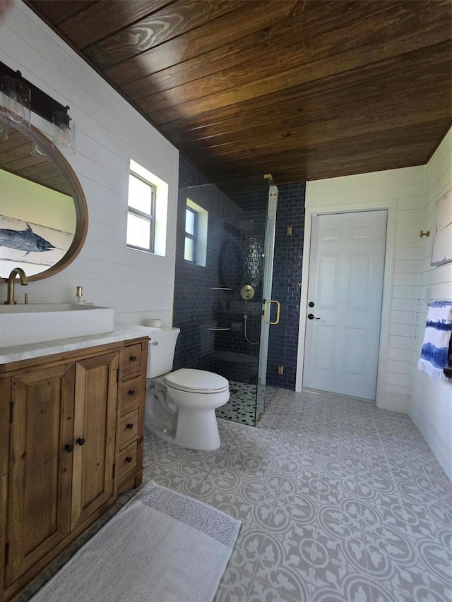 bathroom featuring toilet, an enclosed shower, wood ceiling, and wood walls