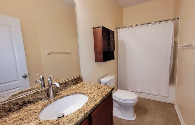 full bathroom with vanity, shower / bath combo with shower curtain, tile patterned flooring, and toilet