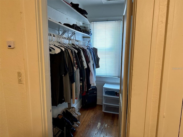 spacious closet with dark hardwood / wood-style floors