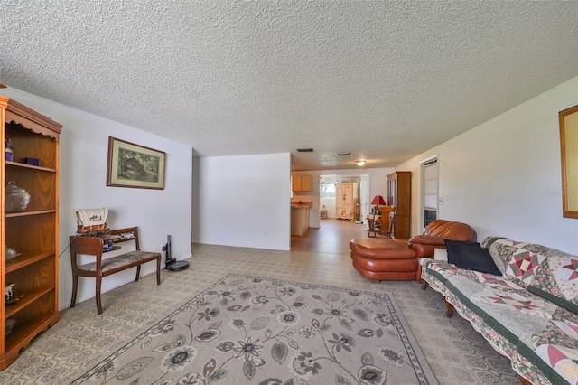 living room with a textured ceiling