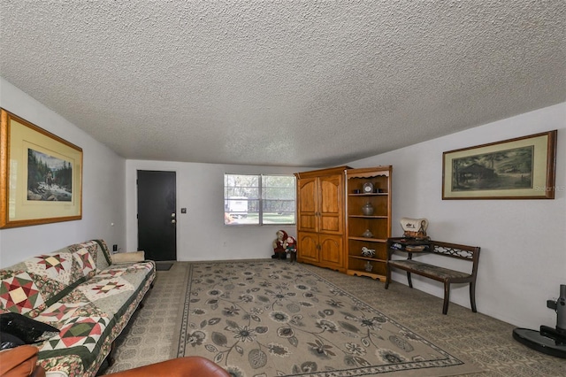 living room featuring a textured ceiling and carpet flooring