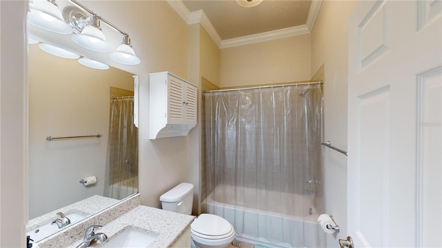 full bathroom with toilet, vanity, shower / bath combo with shower curtain, and crown molding