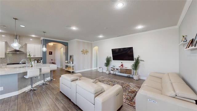 living room with dark hardwood / wood-style flooring and ornamental molding