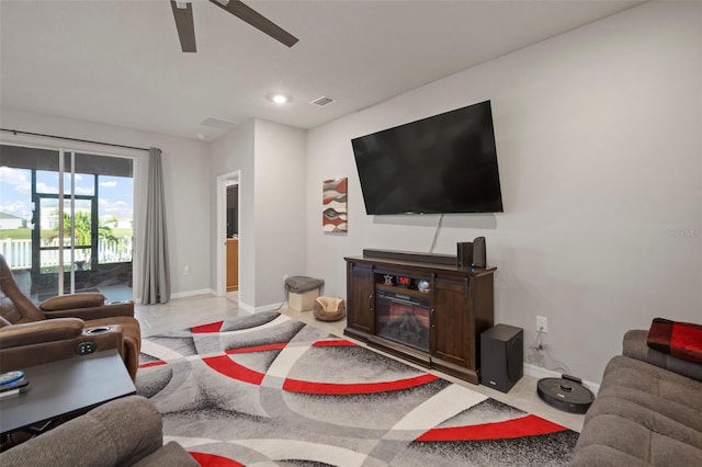 living room featuring ceiling fan