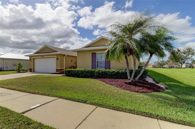 ranch-style home with a garage and a front lawn