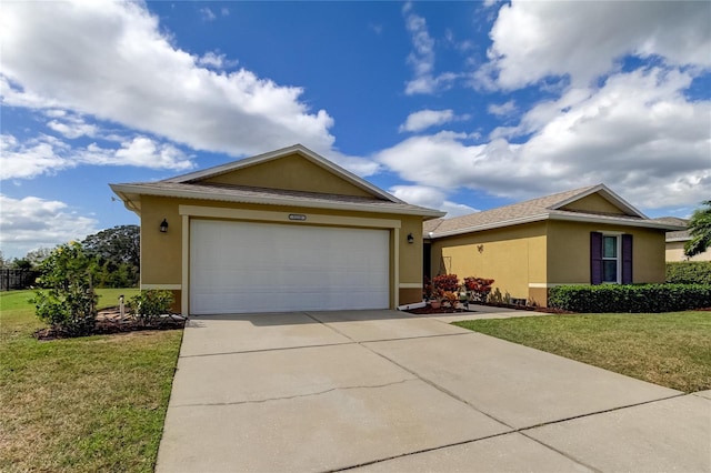5220 Butterfly Shell Dr, Apollo Beach, FL 33572 - ranch-style home with stucco siding, a front yard, driveway, and an attached garage