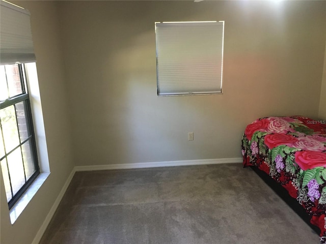 bedroom featuring dark carpet and multiple windows