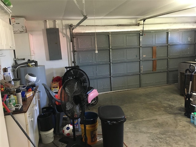 garage with electric panel and water heater