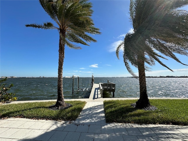 view of dock with a water view and boat lift