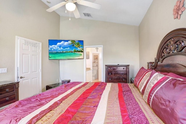 bedroom featuring high vaulted ceiling, connected bathroom, and ceiling fan