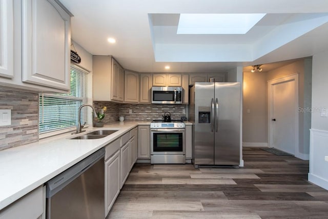 kitchen featuring stainless steel appliances, sink, backsplash, and dark hardwood / wood-style flooring