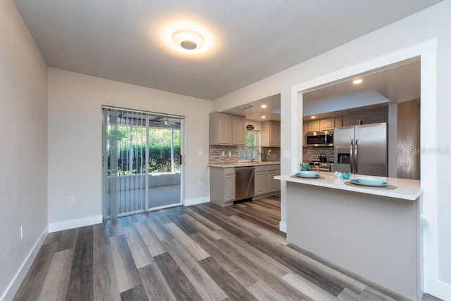 kitchen featuring tasteful backsplash, gray cabinetry, wood-type flooring, stainless steel appliances, and sink