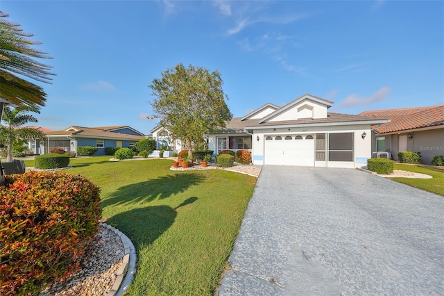 ranch-style home featuring a front yard and a garage