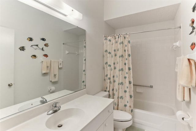 full bathroom featuring vanity, a textured ceiling, toilet, and shower / bathtub combination with curtain