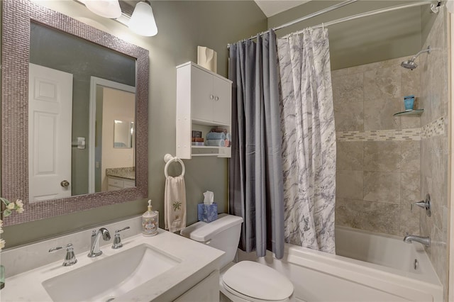 full bathroom featuring vanity, toilet, and shower / bathtub combination with curtain