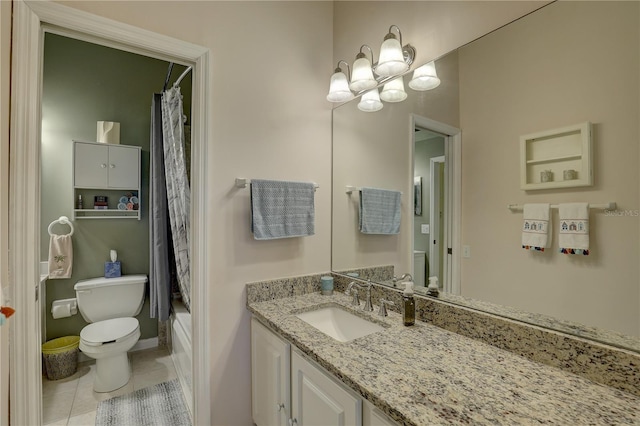 full bathroom with vanity, shower / tub combo, toilet, and tile patterned floors