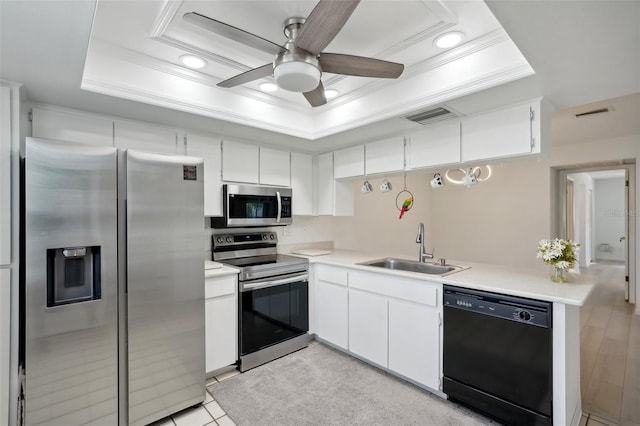 kitchen featuring white cabinetry, stainless steel appliances, a tray ceiling, and sink