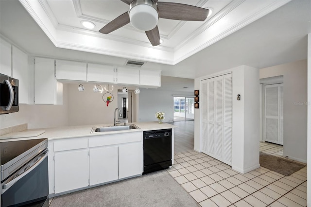 kitchen with sink, ceiling fan, stainless steel appliances, white cabinets, and light tile patterned floors