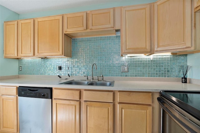 kitchen with stainless steel dishwasher, sink, tasteful backsplash, and light brown cabinets