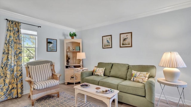 living room with hardwood / wood-style flooring and crown molding