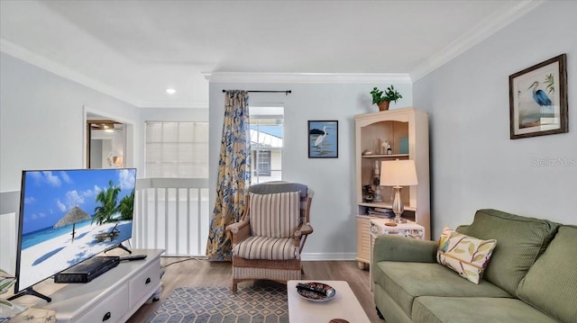 living room featuring crown molding, ceiling fan, and wood-type flooring