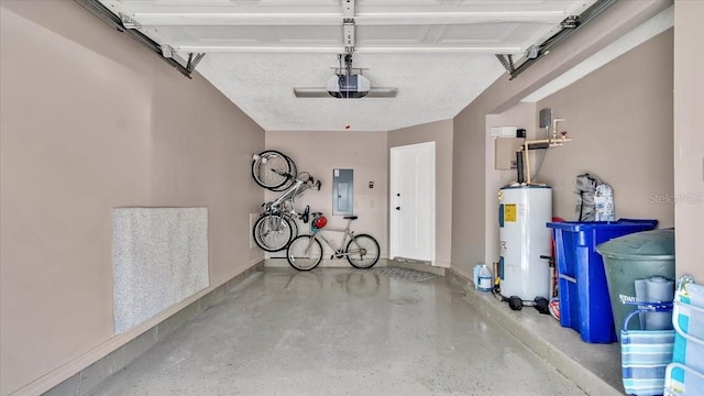 garage with electric panel, electric water heater, and a garage door opener