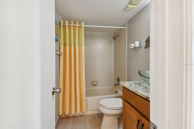 full bathroom with wood-type flooring, vanity, toilet, and shower / bath combination with curtain