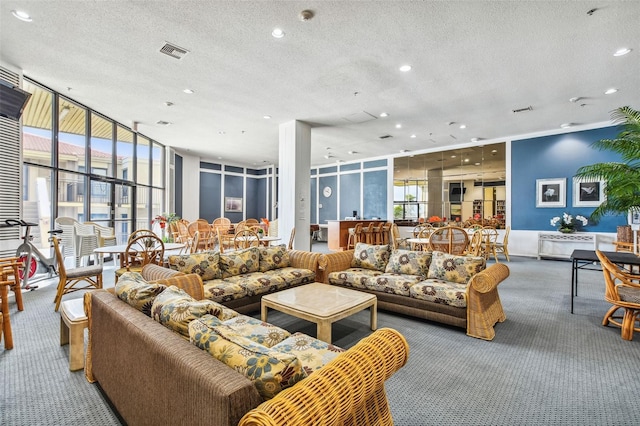 carpeted living room with a wall of windows and a textured ceiling