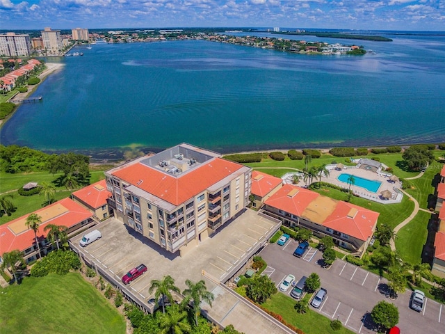 drone / aerial view with a water view