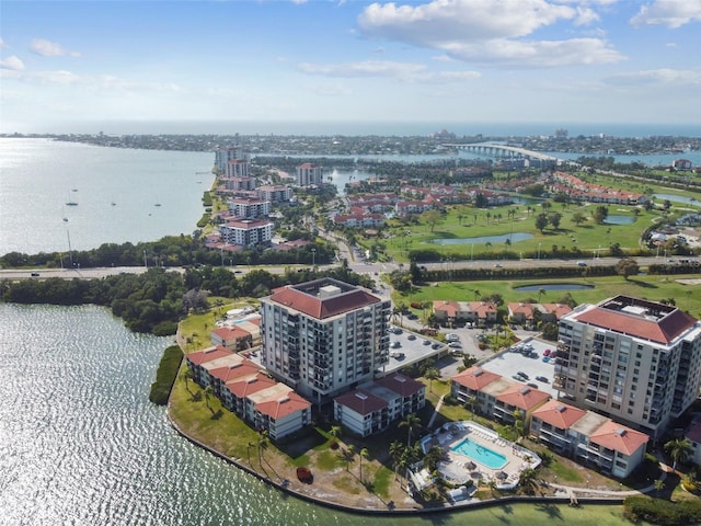 drone / aerial view featuring a water view