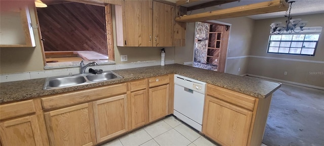 kitchen featuring sink, white dishwasher, kitchen peninsula, light tile patterned floors, and a chandelier