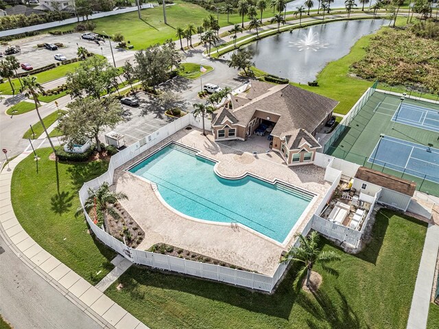 aerial view featuring a water view