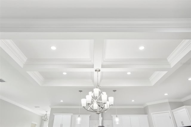 details with ornamental molding, beamed ceiling, and coffered ceiling