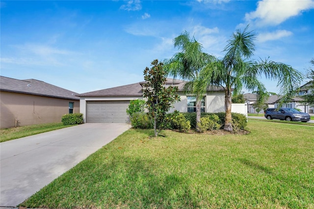 single story home featuring a front yard and a garage