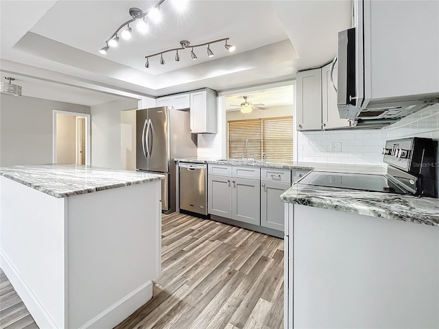 kitchen featuring tasteful backsplash, a tray ceiling, light hardwood / wood-style flooring, gray cabinets, and stainless steel appliances