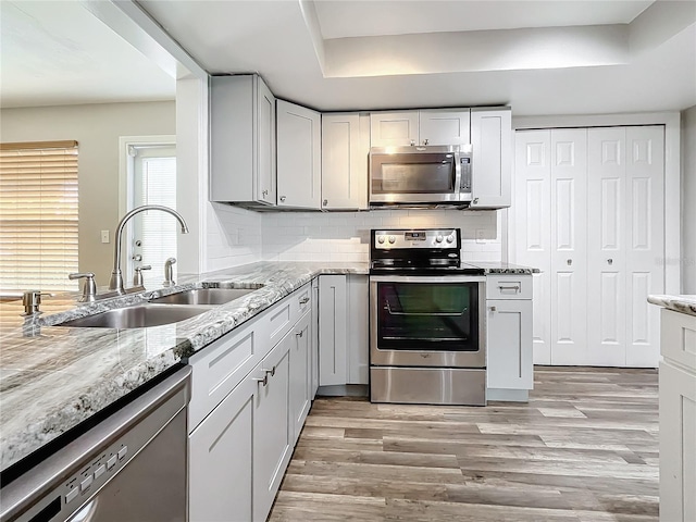 kitchen featuring tasteful backsplash, appliances with stainless steel finishes, sink, a tray ceiling, and light hardwood / wood-style floors