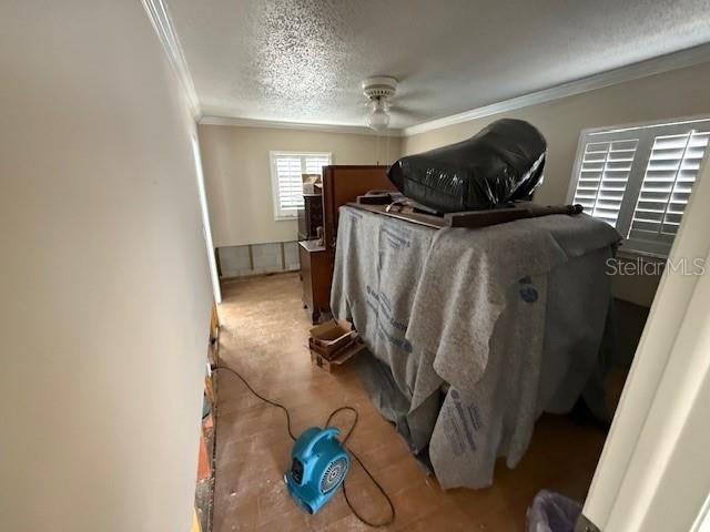 bedroom featuring crown molding, light colored carpet, a textured ceiling, and ceiling fan