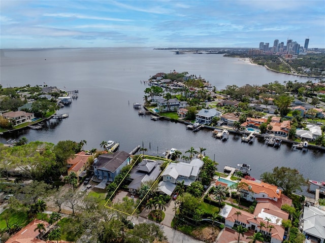 aerial view featuring a water view