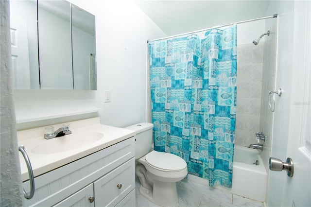 full bathroom with vanity, shower / bath combo with shower curtain, and toilet