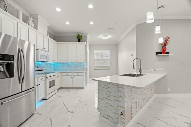 kitchen with white appliances, white cabinetry, sink, and ornamental molding