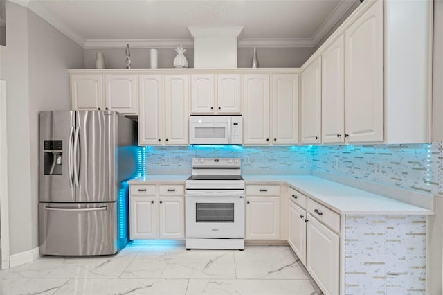 kitchen with tasteful backsplash, white appliances, crown molding, and white cabinets